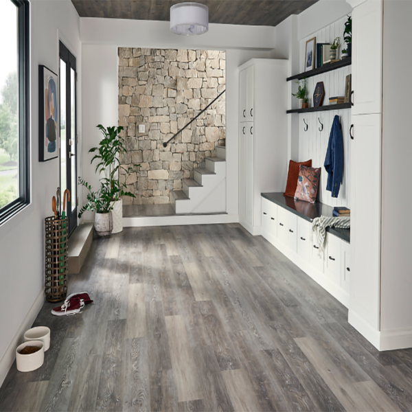 Arica Gray Luxury Vinyl Floor Planks used in a mud room.