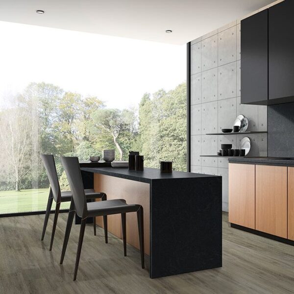 York Grey Luxury Vinyl Floor Planks in a minimalist dark kitchen.