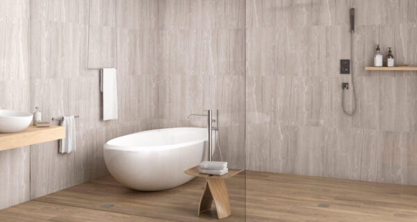Normandy Blonde Tile Lifestyle installed in a bathroom with tub