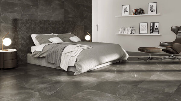 Soberano Nero Ceramic Tile 20" X 40" in a bedroom