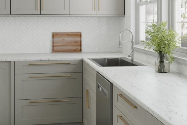 Stretta Alabaster Slate Laminate Countertop used in a kitchen with cabinets.