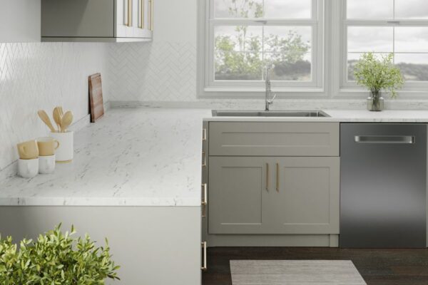 Stretta Alabaster Slate Laminate Countertop used in a kitchen with white cabinets.
