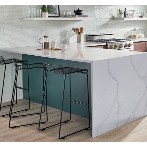 Calacatta Azai 112" x 26" Quartz Countertop with Backsplash detail