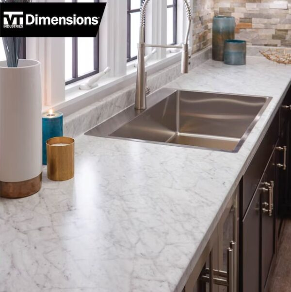 Carrara Bianco Laminate used as countertop in a kitchen with brown cabinets.