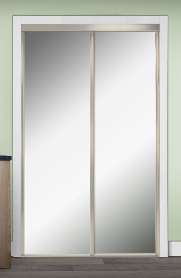 Smooth Flush Brushed Nickel Trim Mirrored Sliding Bypass Closet Door