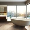 Tuscany Beige Travertine Tile in a bathroom with a cityscape view.