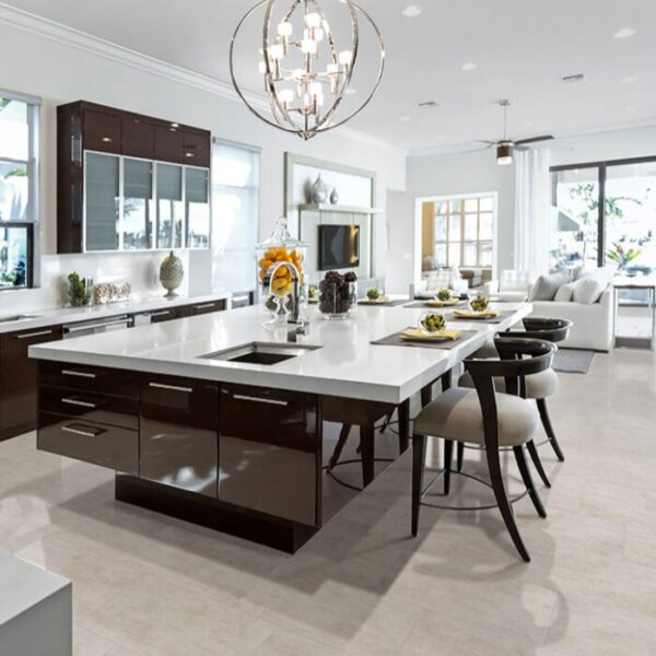 Gridscale Ice Porcelain Tile in a sleek new kitchen.