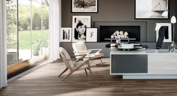 Monet Cacao Matte Ceramic Tile 8" X 36" in a living room with fireplace and framed artwork.