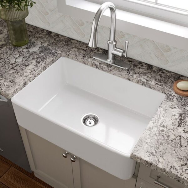 Fireclay Farmhouse White 30" x 20" x 8.5" Single Bowl Sink installed in kitchen