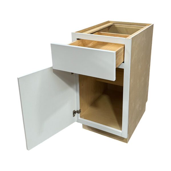 Raised white cabinet with open drawer and door