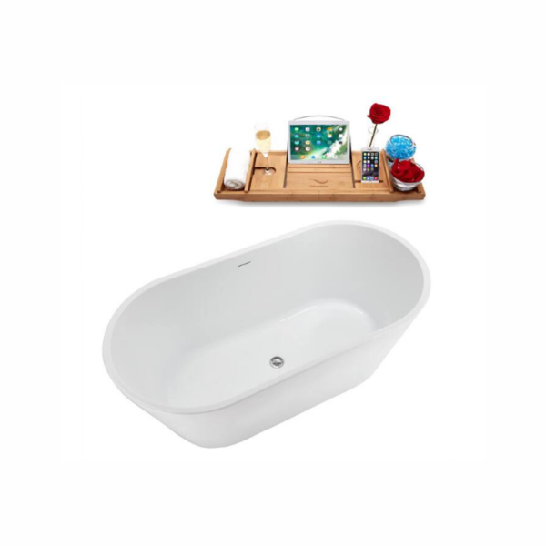 59 in. x 30 in. Acrylic Freestanding Soaking Bathtub in Glossy White With Polished Chrome Drain